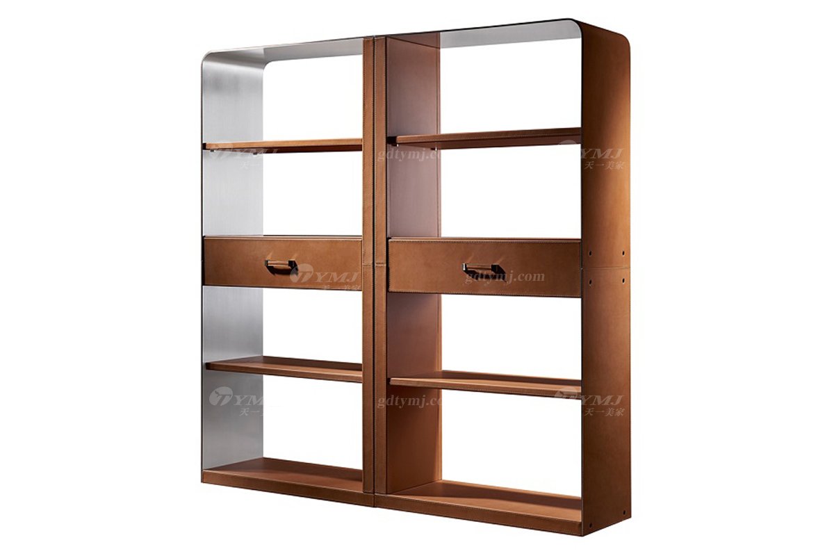 現代輕奢家具品牌別墅家具時尚書房馬鞍皮藝書柜展示柜S-09展示柜