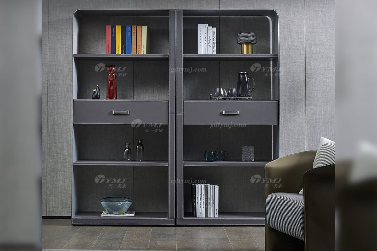 現代輕奢家具品牌別墅家具時尚書房馬鞍皮藝書柜展示柜S-09展示柜