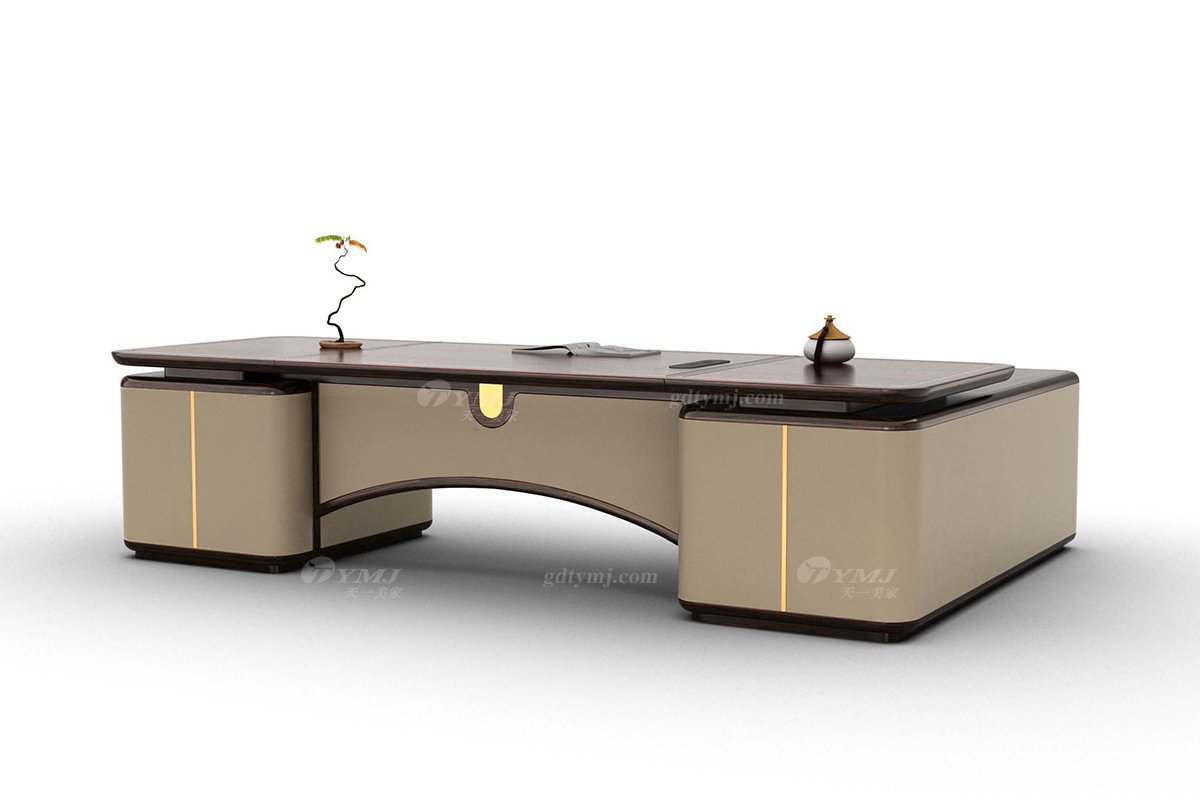 新中式家具風格品牌別墅會所家具大氣高端進口烏金木實木+優質皮藝大班臺