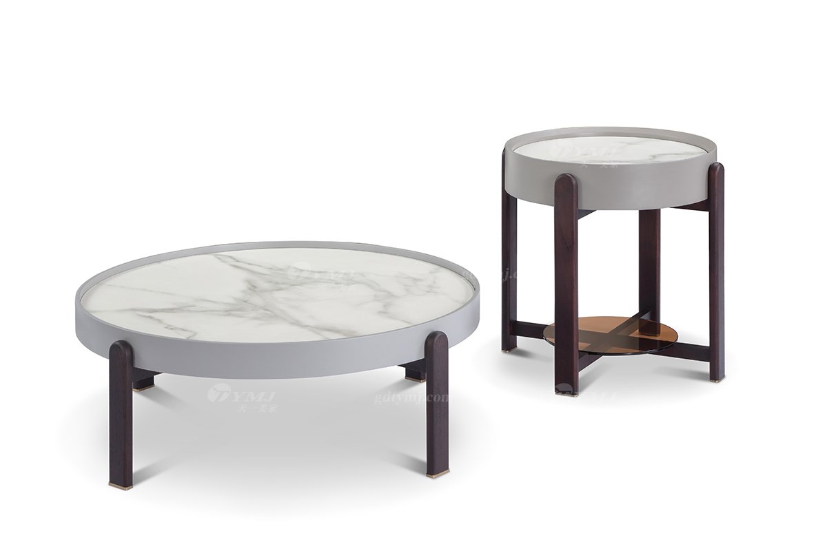 意式極簡風格高端別墅家具現代輕奢時尚客廳煙熏色+細花白巖板茶幾LT1909-2茶幾組合