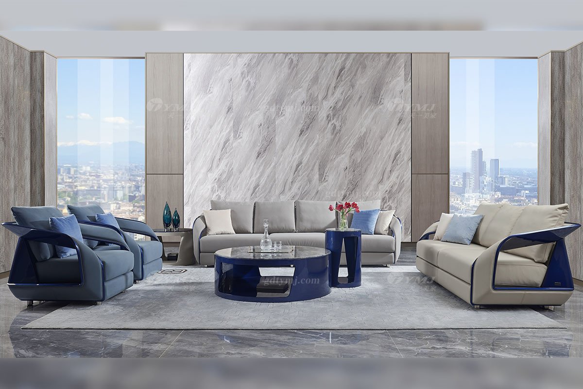 高端別墅豪宅家具星級酒店家具品牌后現代輕奢風格客廳時尚大氣舒適真皮+孔雀藍四位沙發TX008-4四位沙發場景