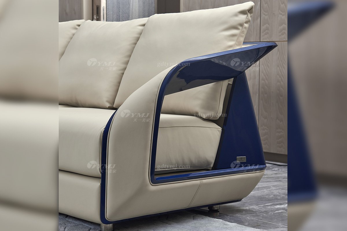 高端別墅豪宅家具星級酒店家具品牌后現代輕奢風格客廳時尚大氣舒適真皮+孔雀藍四位沙發TX008-4四位沙發細節