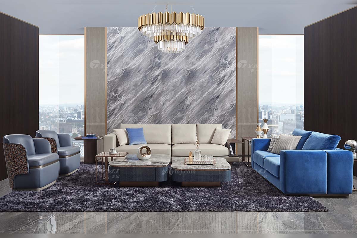 高端會所別墅大宅家具品牌后現代輕奢風格客廳時尚魚肚灰石面+莫蘭迪蘭茶幾TK752A-3大方幾/高場景