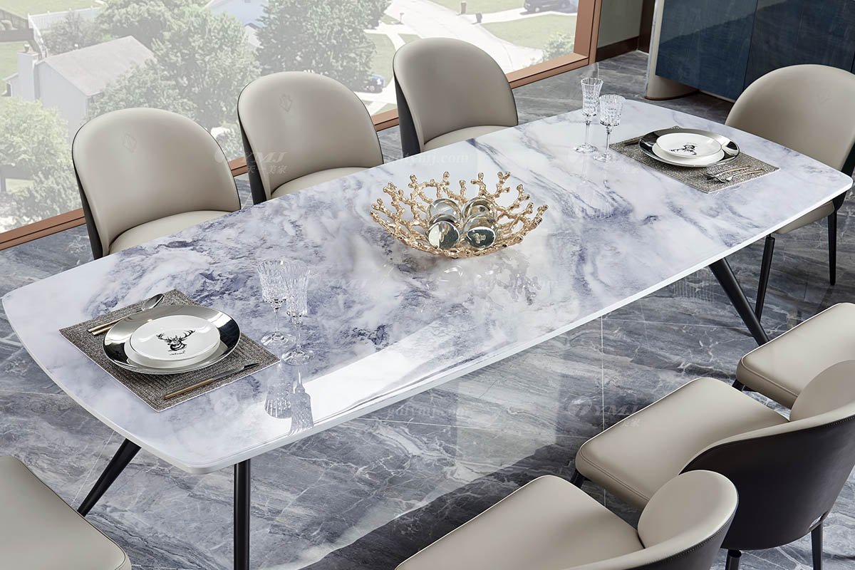 后現代輕奢風格家具高端會所別墅品牌家具時尚餐廳大理石面+啞光金屬餐桌