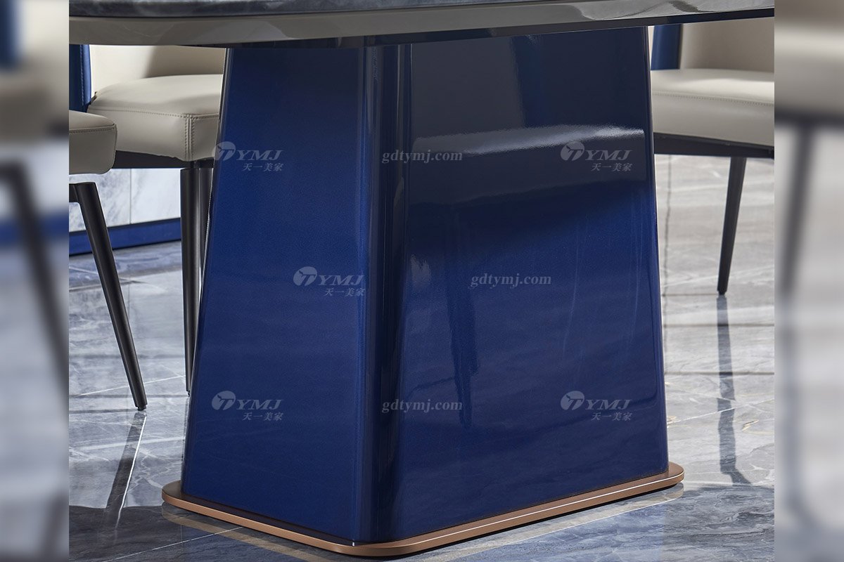 后現代輕奢風格家具高端會所別墅品牌家具時尚餐廳魚肚灰石面+孔雀藍餐桌餐臺TC808-200餐桌細節