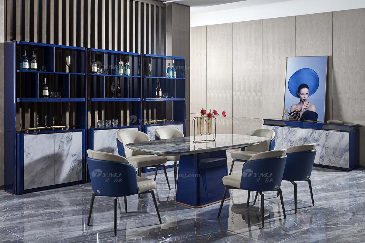 后現(xiàn)代輕奢風(fēng)格家具高端會(huì)所別墅品牌家具時(shí)尚大氣餐廳大理石紋+孔雀藍(lán)六門酒柜TS708-314六門酒柜場(chǎng)景