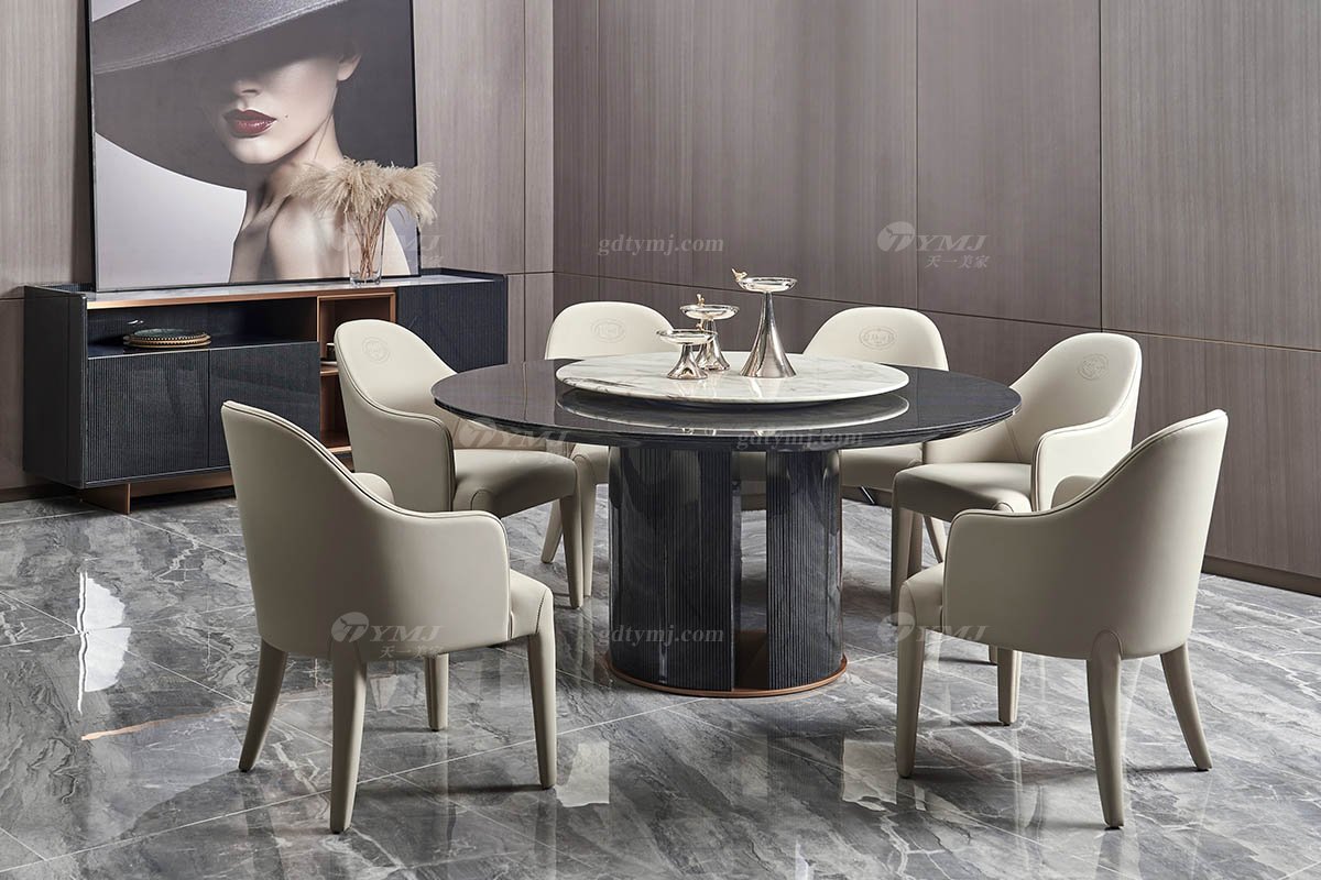 后現代輕奢風格家具高端會所別墅品牌家具時尚餐廳大理石+黑檀圓餐桌餐臺TC805-150餐桌場景