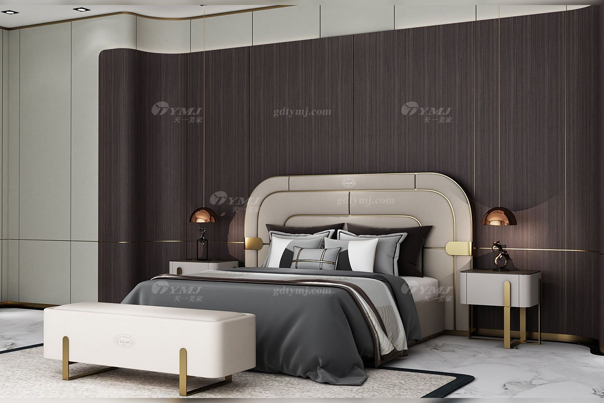 輕奢后現代風格家具高端會所別墅品牌家具時尚臥室皮藝軟包+玫瑰金屬床尾凳CW260-541床尾凳場景