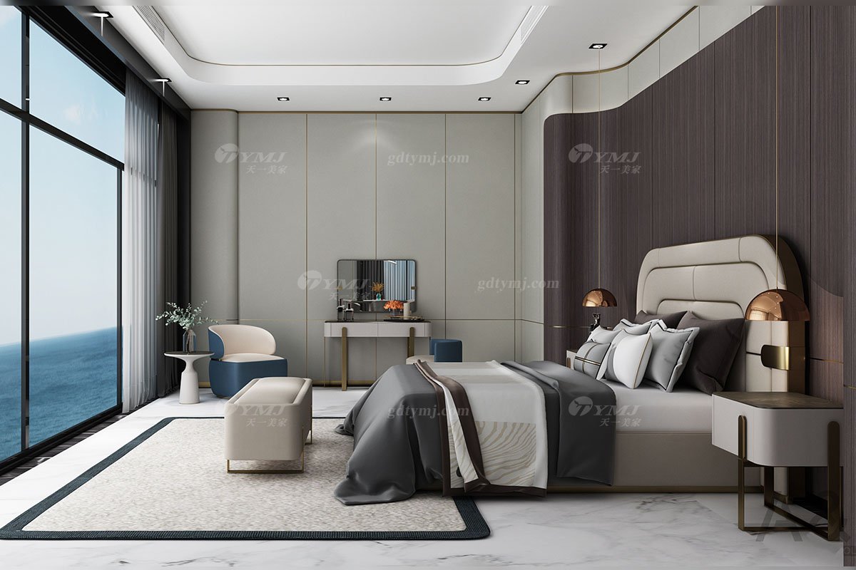 輕奢后現代風格家具高端會所別墅品牌家具時尚臥室皮藝軟包+玫瑰金屬床尾凳CW260-541床尾凳組合