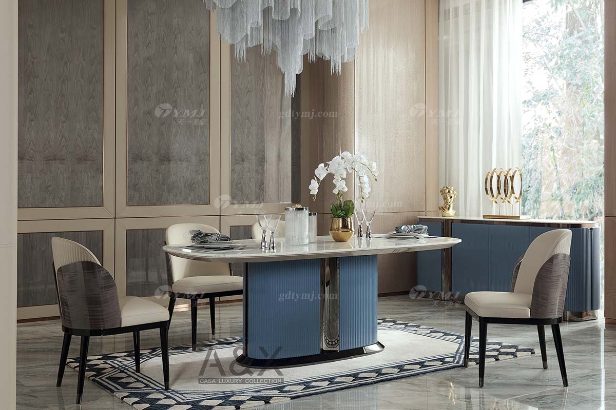 輕奢后現代風格家具高端會所別墅品牌家具時尚餐廳大理石面灰藍色備餐柜CC131-002餐柜場景