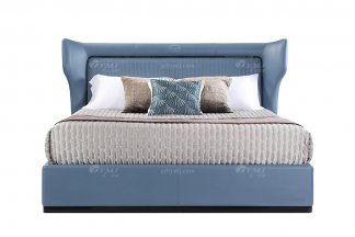 輕奢后現代風格家具高端會所別墅品牌家具臥室大氣藍色真皮+金屬大床