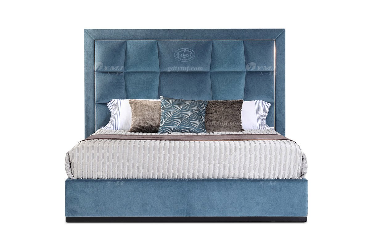 輕奢后現代風格家具高端會所別墅品牌家具臥室舒適藍色布藝軟包雙人床
