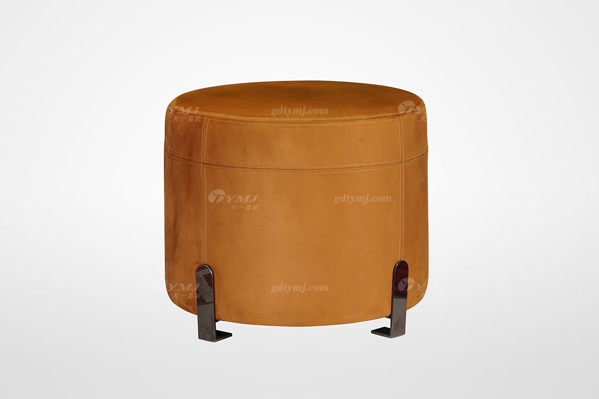 高端簡美輕奢風格家具別墅會所家具品牌客廳時尚金屬+反毛皮軟包圓坐墩妝凳
