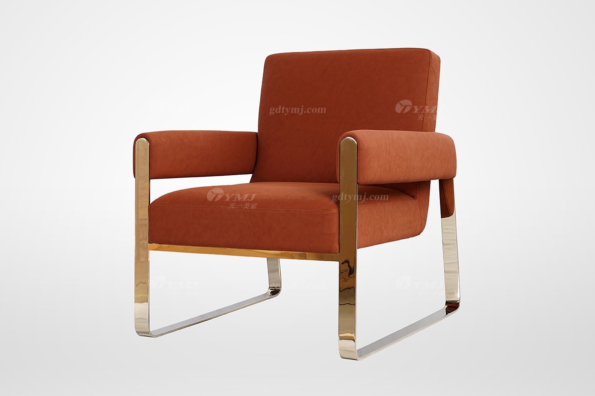 簡美輕奢風(fēng)格家具高端別墅會(huì)所家具品牌客廳時(shí)尚金屬底+橙紅色皮藝休閑椅5231-01休閑椅1