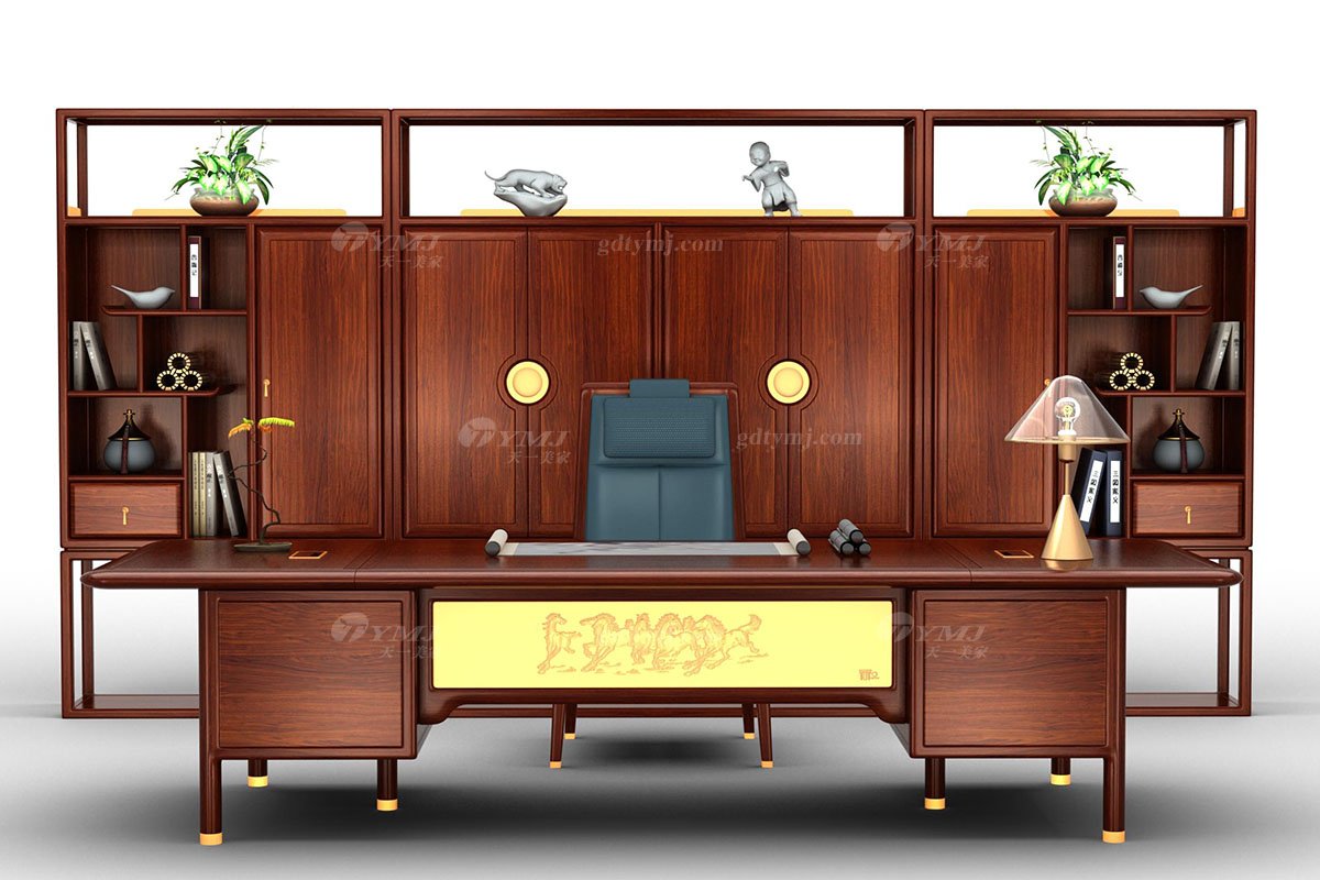 新中式辦公家具風格品牌家具高端簡約大氣安哥拉紫檀實木辦公椅大班椅馬到成功大班椅場景