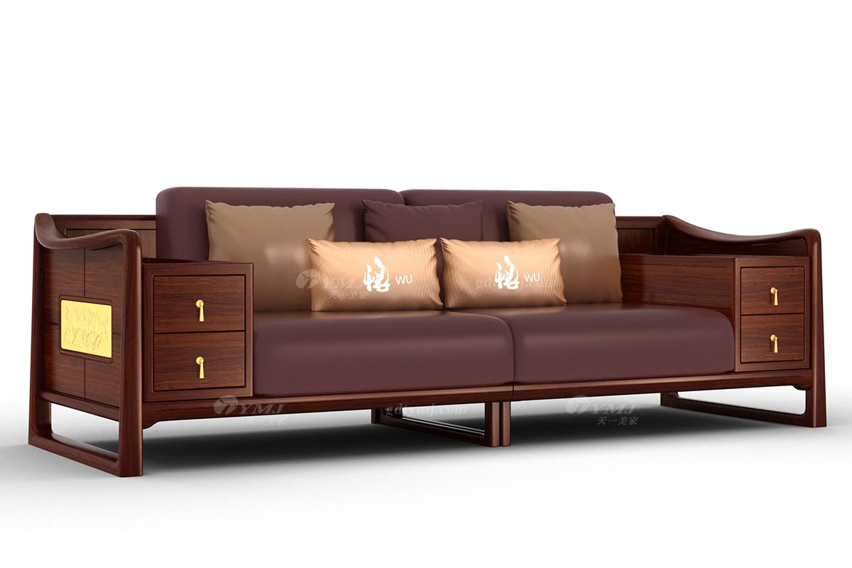 高端新中式辦公家具風格品牌家具簡約大氣安哥拉紫檀實木三人位沙發