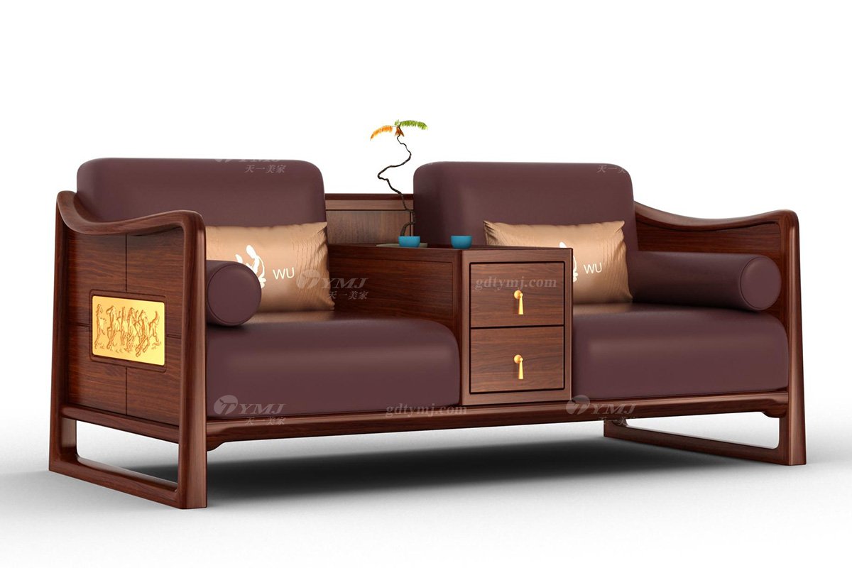 高端新中式辦公家具風(fēng)格品牌家具簡約大氣安哥拉紫檀實木兩人位沙發(fā)