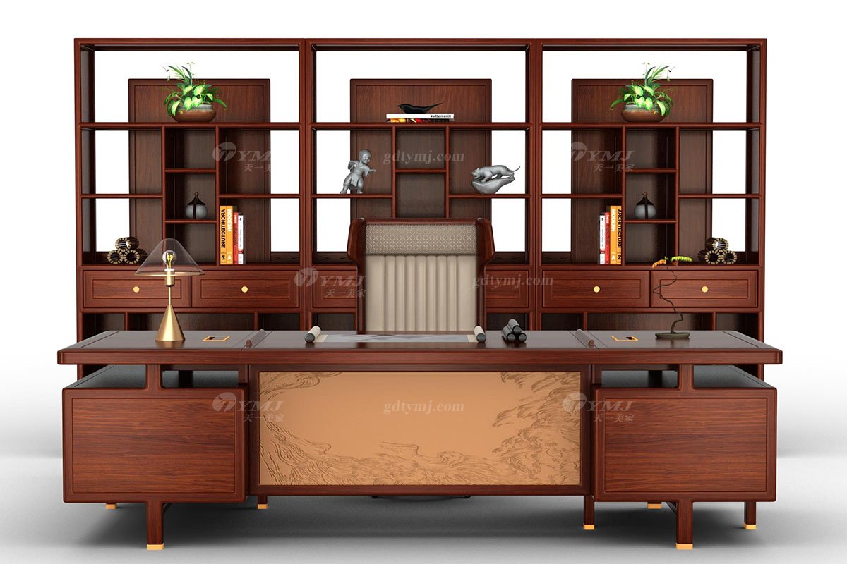 高端新中式辦公家具風格品牌家具簡約大氣實木安哥拉紫檀大班椅水到渠成班椅場景