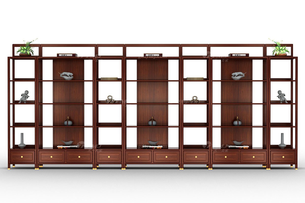 新中式辦公家具風(fēng)格高端品牌家具簡(jiǎn)約時(shí)尚大氣實(shí)木安哥拉紫檀博古架