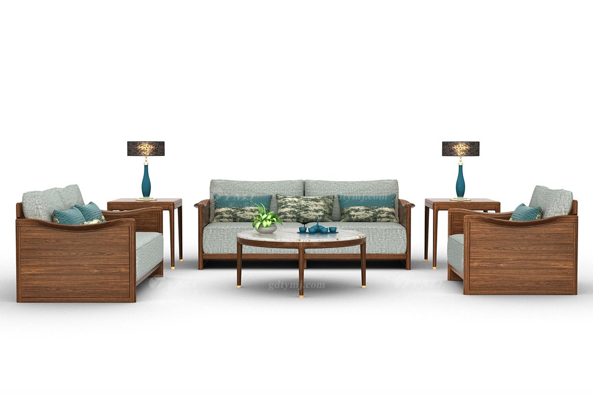 新中式家具風格高端別墅家具品牌簡約風格客廳極簡實木+布藝單位沙發H-XMSF-1單位沙發場景