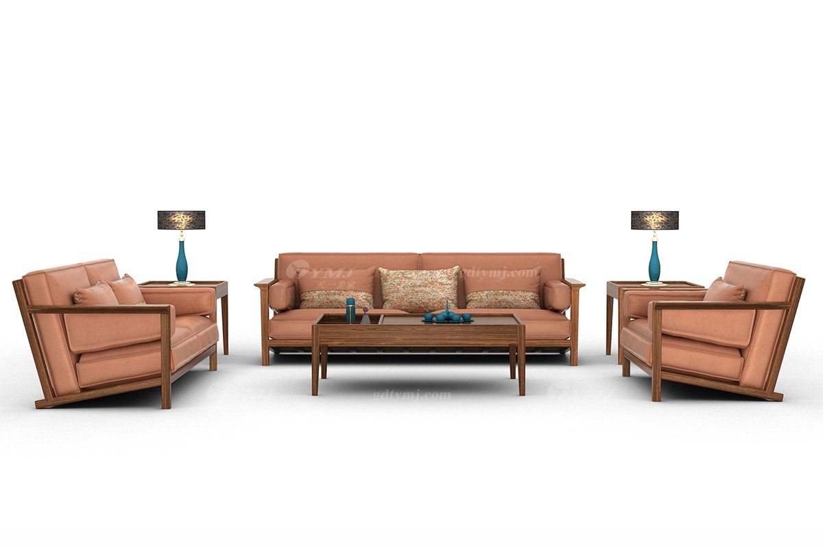 新中式家具風格高端別墅家具品牌簡約風格客廳棕色生態皮藝三人沙發H-XYSF3三位沙發場景
