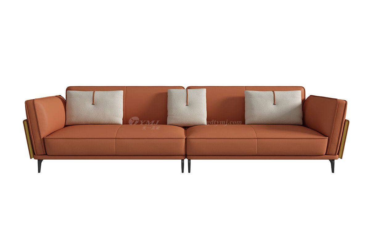 極簡風格家具別墅會所高級舒適實木進口黃牛皮橙色三人位沙發