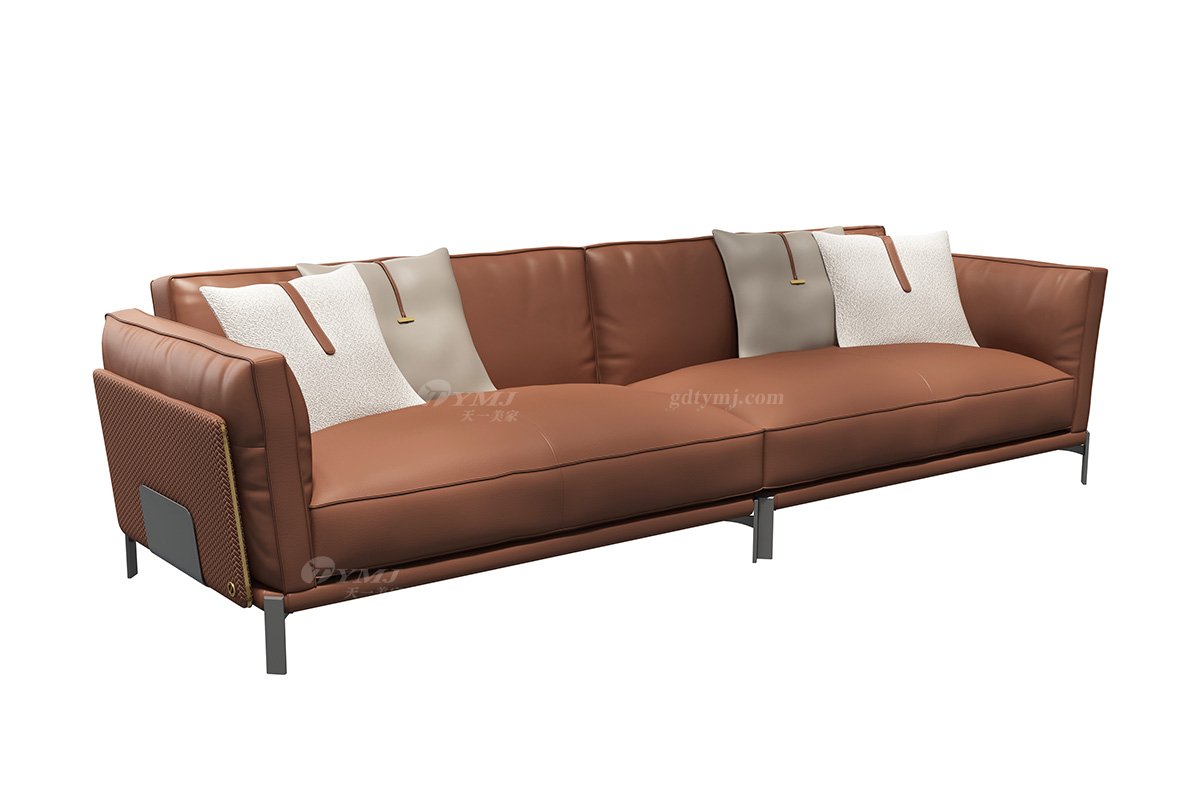 極簡風格家具別墅會所高級舒適實木進口黃牛皮橙色四人位沙發