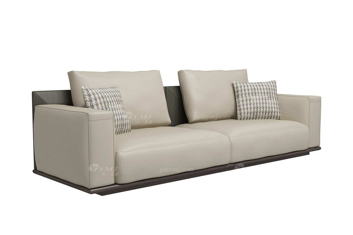 極簡風格家具別墅會所高級舒適實木進口黃牛皮灰色四人位沙發