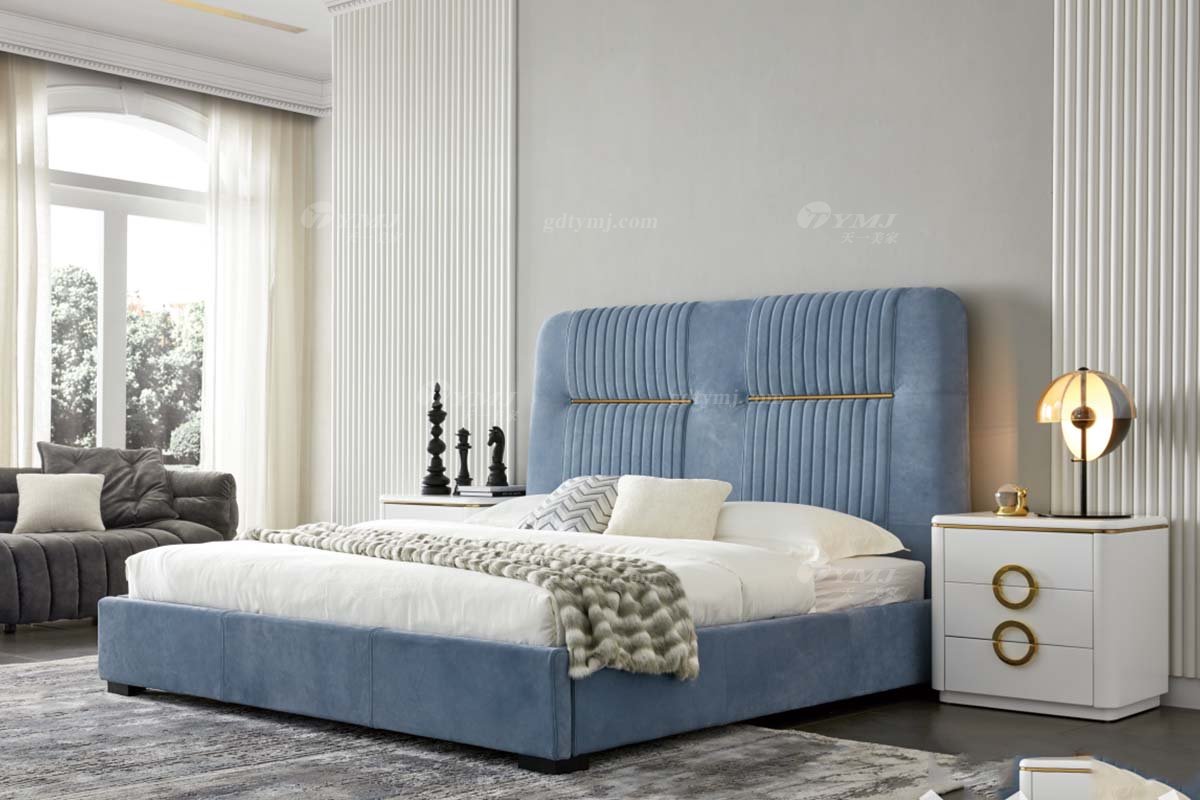 極簡風格家具高端別墅會所大宅時尚進口實木+磨砂皮大床WD608床