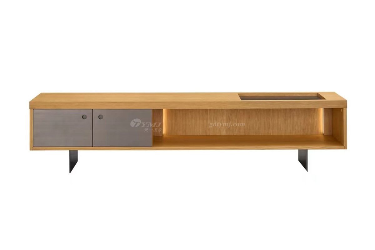 時尚高端現代簡約家具別墅家用奢華槍黑+白橡木色電視柜