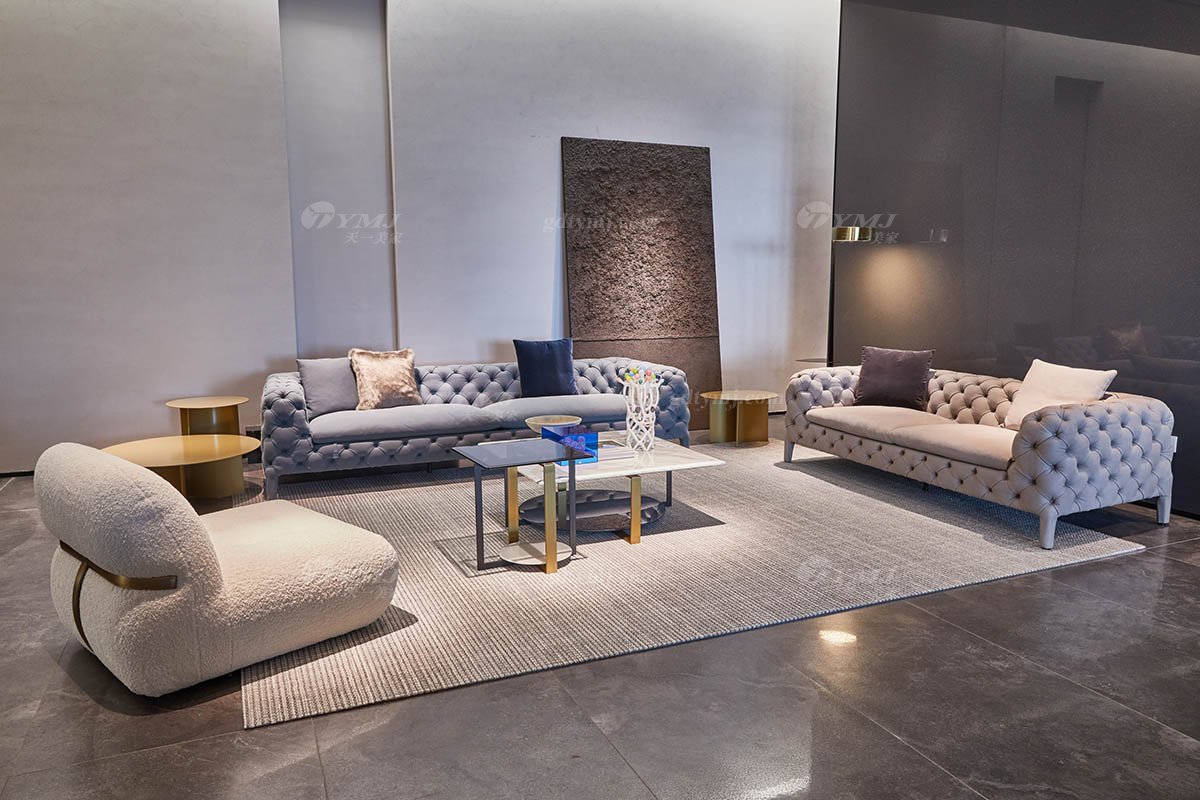 時尚高端現代極簡家具別墅大宅大戶型舒適大氣藍色拉扣全皮三位沙發拉扣三位沙發