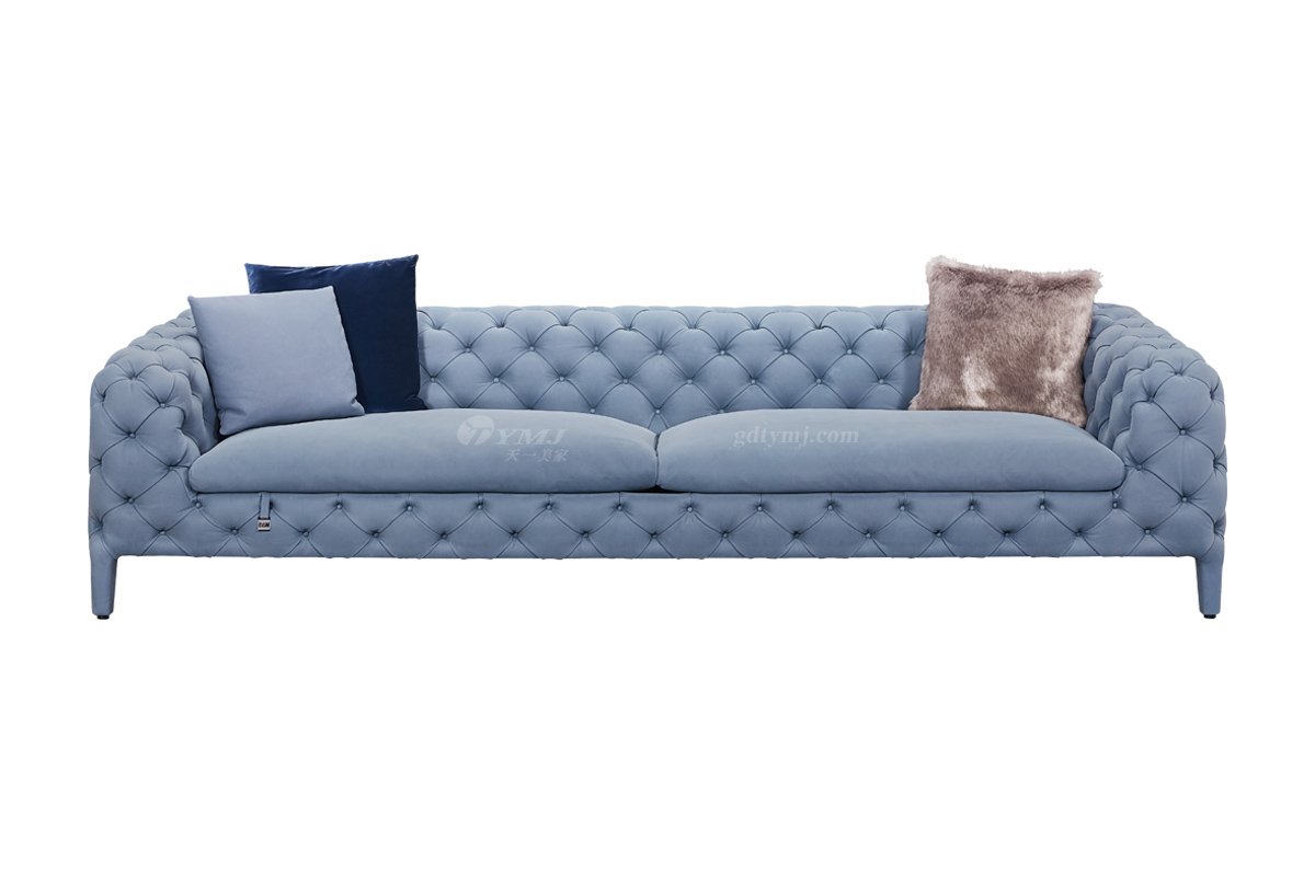 時尚高端現(xiàn)代極簡家具別墅大宅大戶型舒適大氣藍(lán)色拉扣全皮三位沙發(fā)