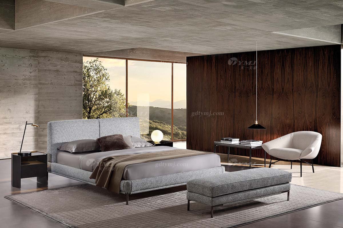  現代簡約家具高端別墅會所家用時尚舒適極簡灰色布藝大床婚床雙人床A2271A場景