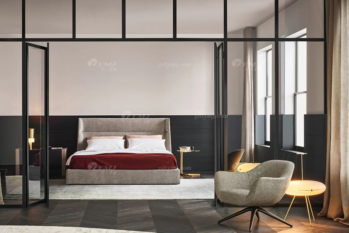  現代簡約家具高端別墅會所家用時尚舒適灰色布藝臥室大床婚床雙人床A2285場景