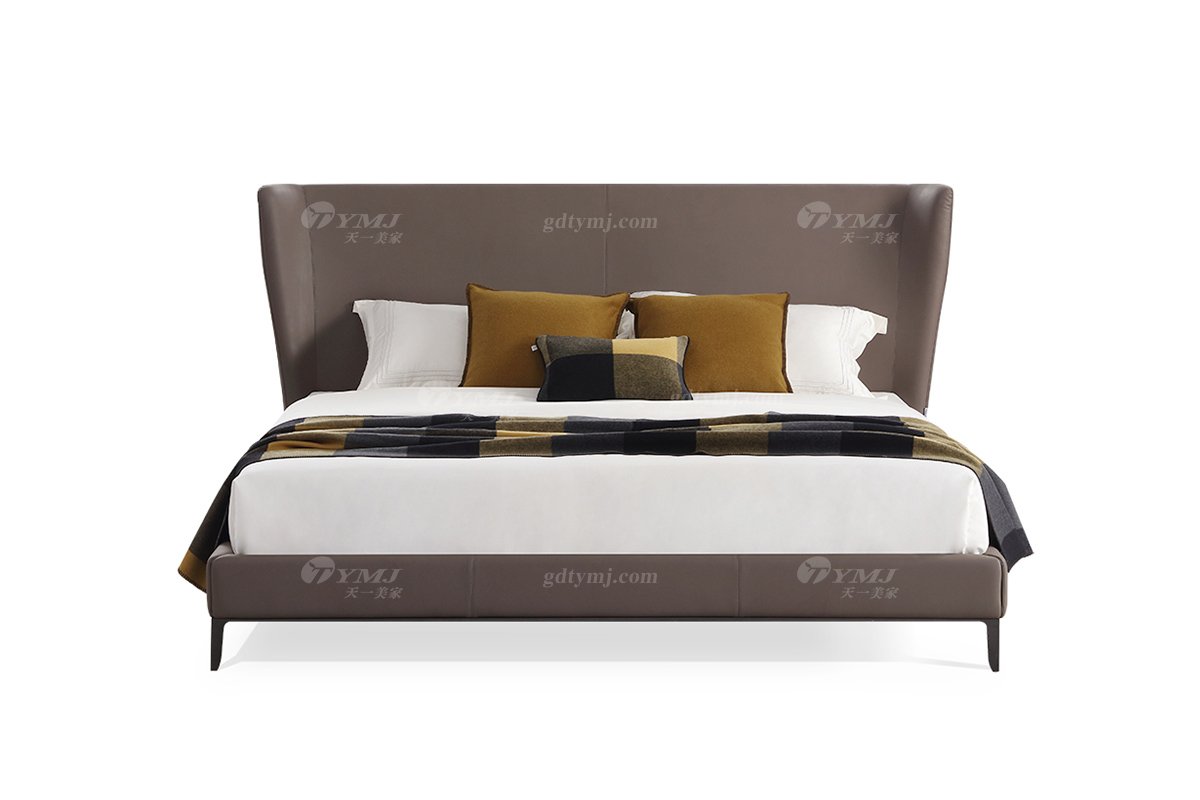 現(xiàn)代簡(jiǎn)約家具高端別墅會(huì)所家用時(shí)尚舒適深灰色真皮大床婚床雙人床