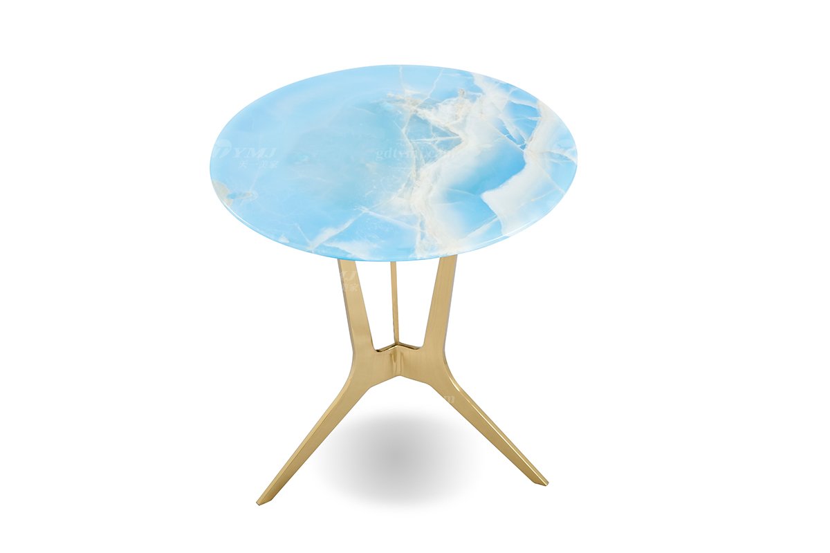 意式輕奢家具高端別墅會所家用時尚高級鈦金屬+藍冰玉小圓幾角幾FB123H2R（1）