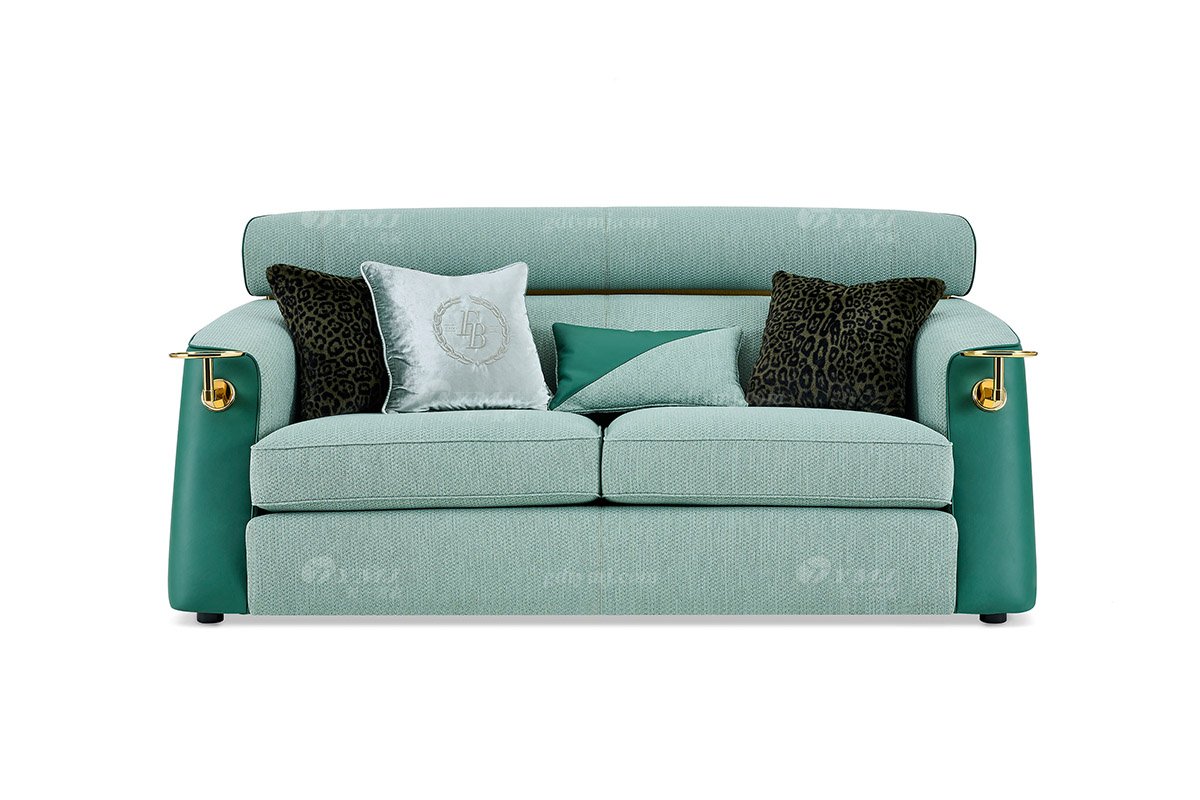 意式輕奢家具高端別墅會所家用時尚高級綠色皮布藝結合二位沙發三位沙發