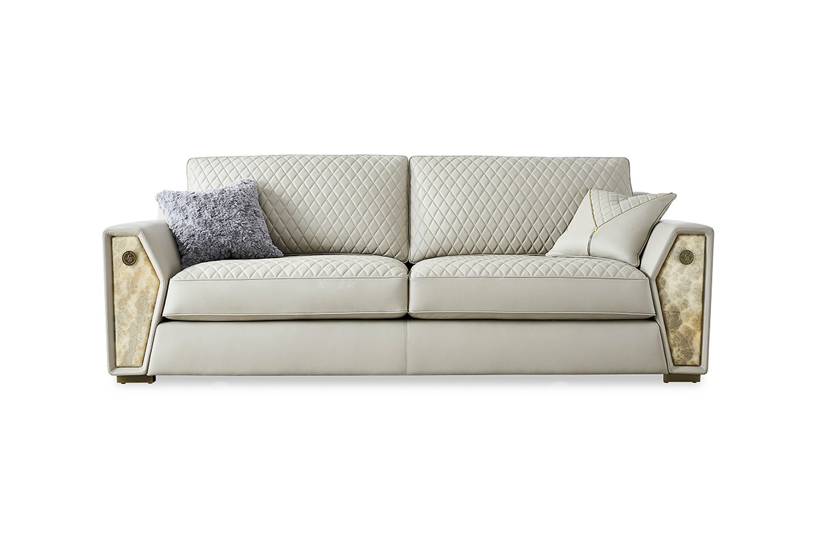 意式輕奢家具高端別墅會(huì)所家用時(shí)尚高級灰色皮藝+青古銅金屬三位沙發(fā)