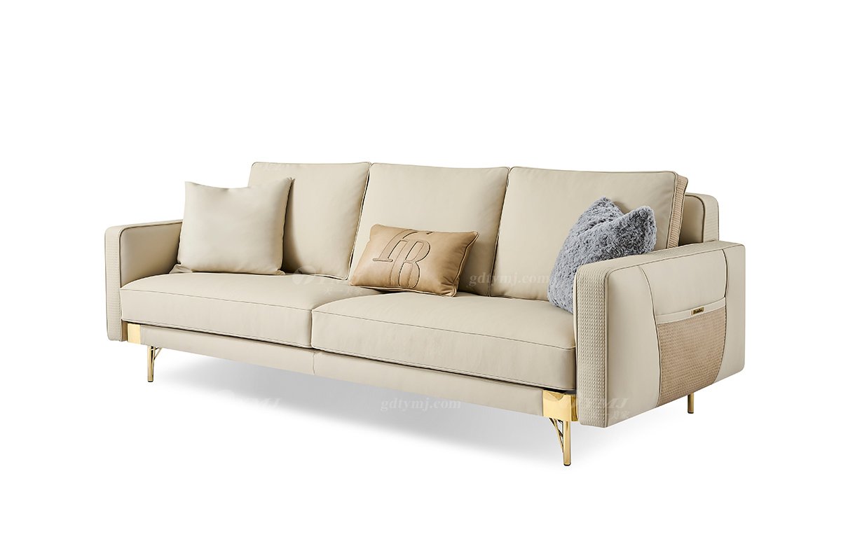 意式輕奢家具高端別墅會所家用時尚高級金屬腳灰色真皮三位沙發FB118SF3-1