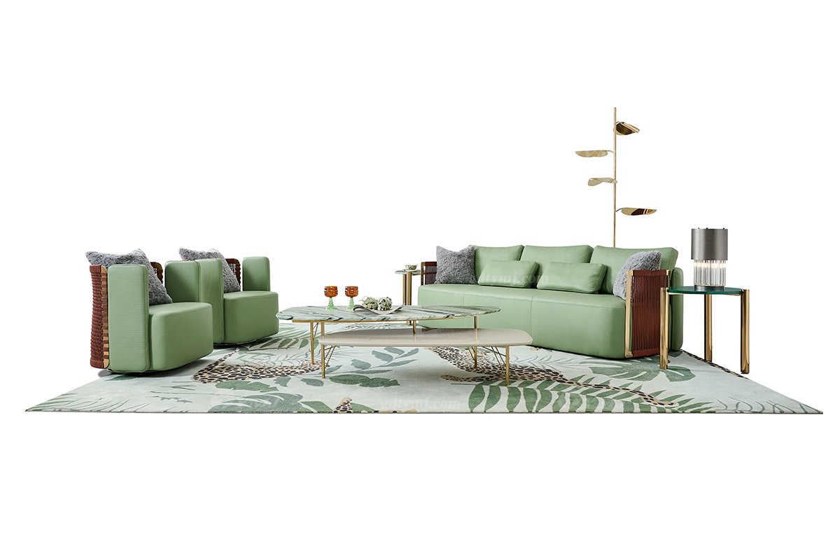 意式輕奢家具高端別墅會(huì)所家用時(shí)尚舒適綠色皮藝三位沙發(fā)FB125SF3場(chǎng)景