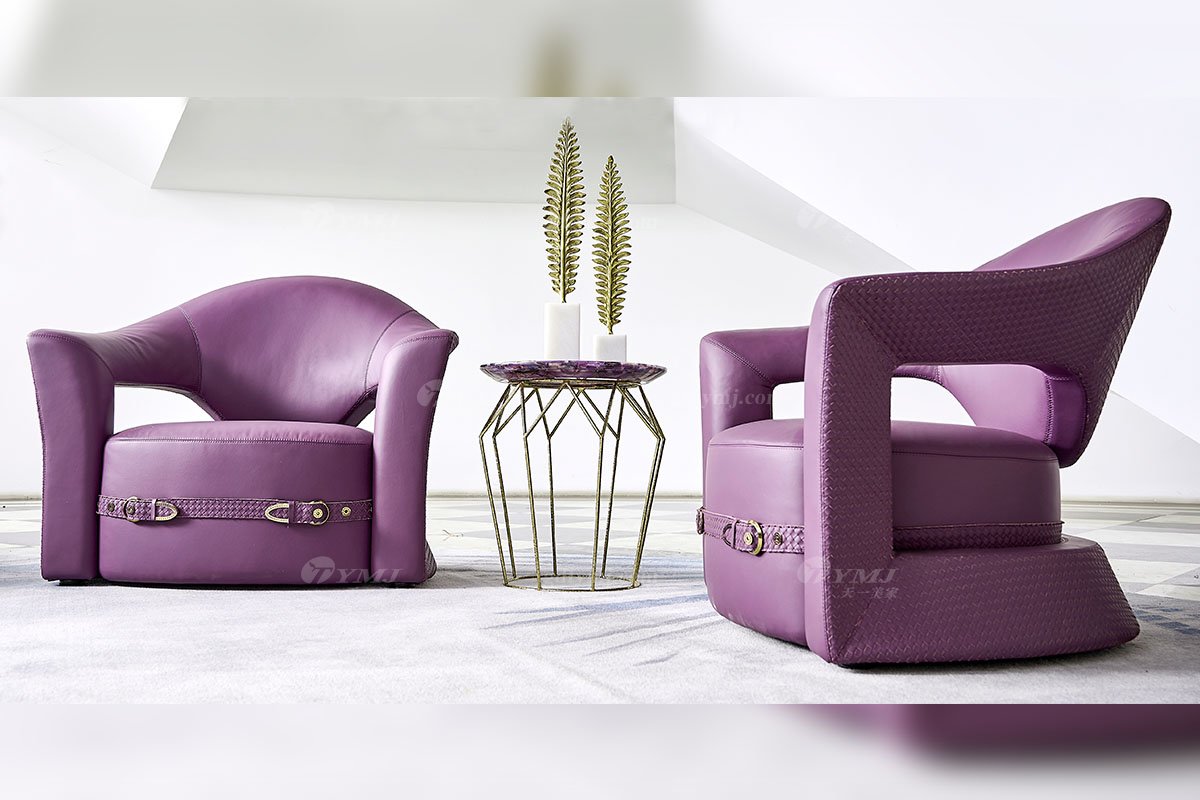 意式輕奢家具高端別墅會所大宅家用時尚舒適紫色全真皮單位沙發(fā)休閑椅FB126CH場景