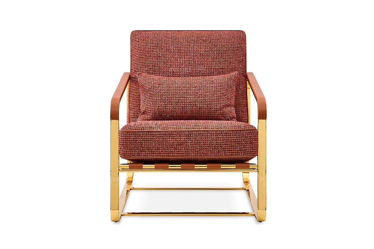 意式輕奢家具高端別墅會所大宅家用時尚舒適橙棕色布藝+鈦金屬休閑椅