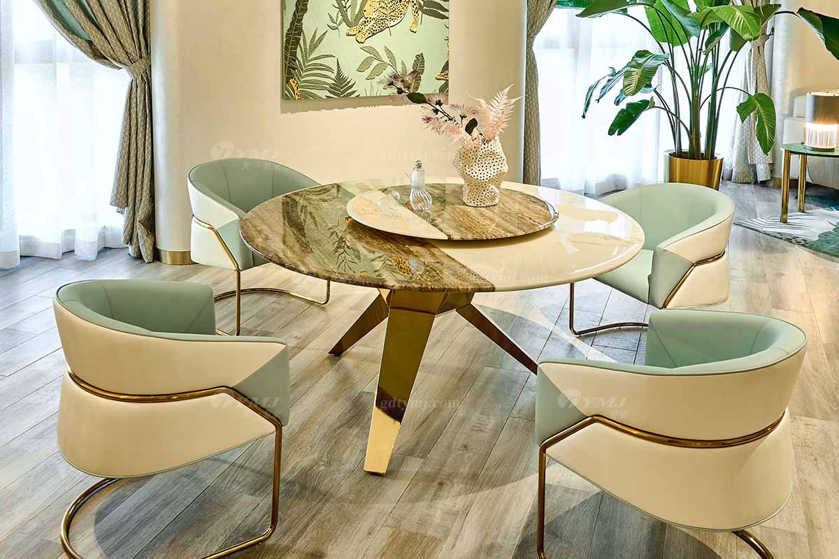 意式輕奢家具高端別墅會(huì)所大宅家用時(shí)尚創(chuàng)意大理石+鈦金屬圓餐臺(tái)FB118D25RL場(chǎng)景