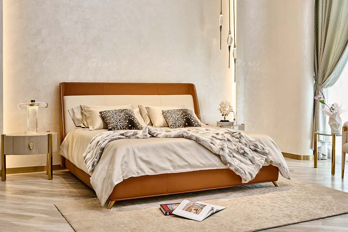 意式輕奢家具高端別墅會所大宅家用時尚奢華鈦金屬橙色真皮1.8米大床118B21M床2