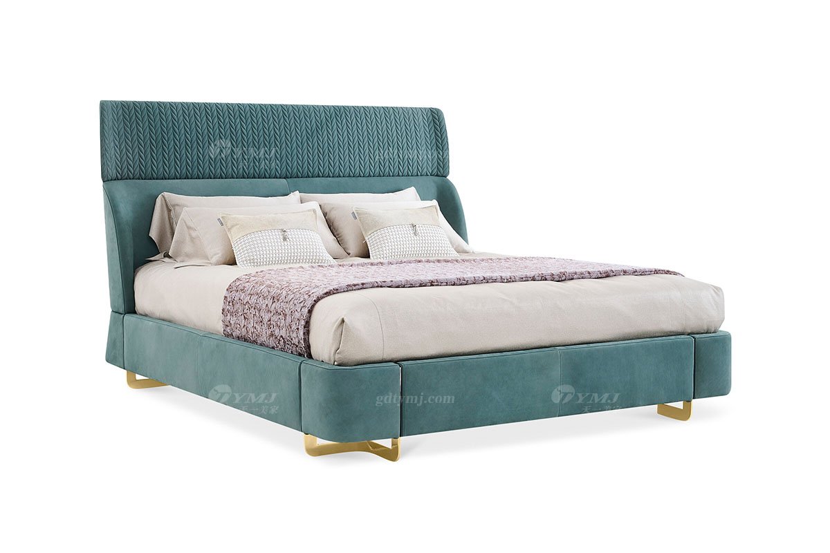 意式輕奢家具高端別墅會所豪宅家用時尚奢華鈦金+綠色真皮1.8米大床121B21M床1