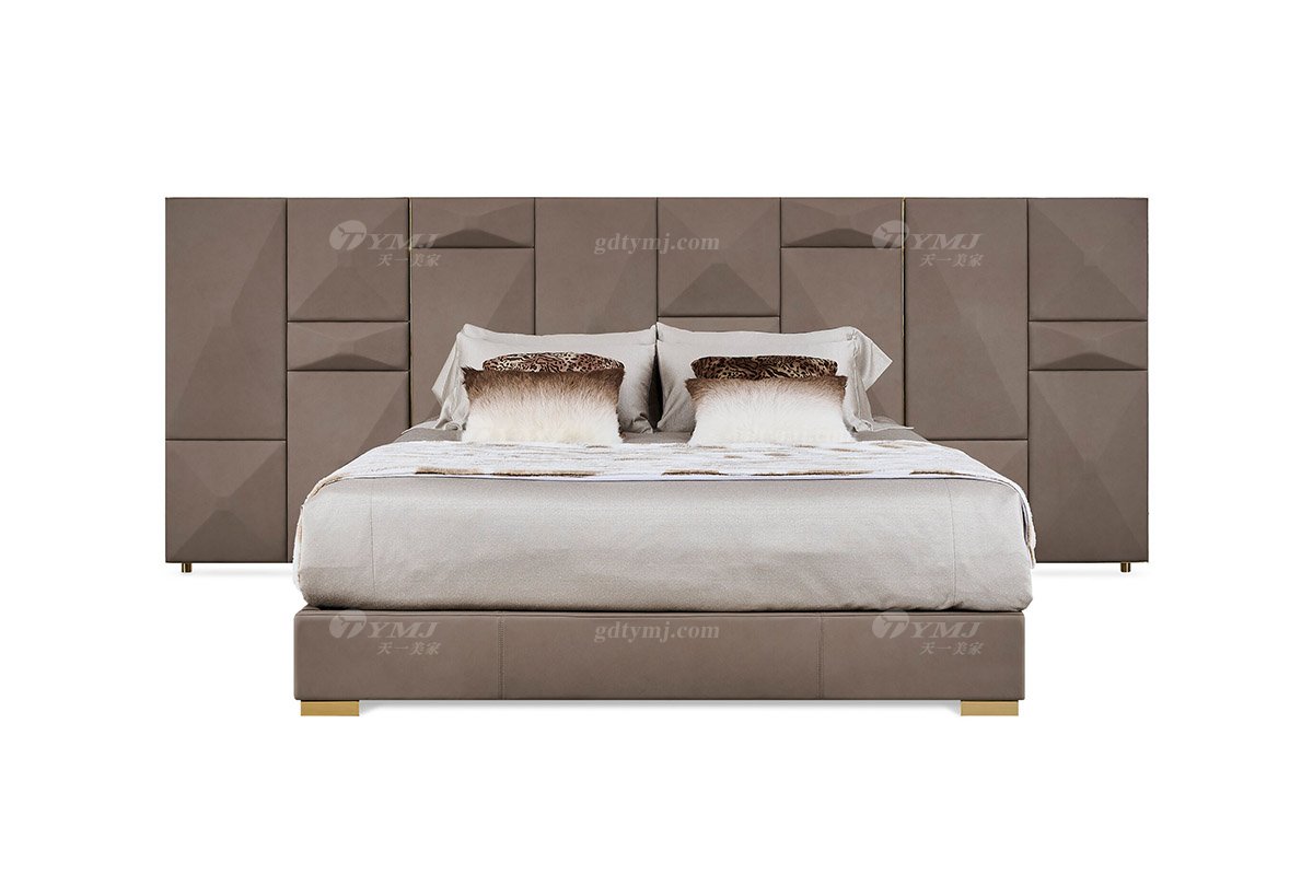 意式輕奢家具高端別墅會所豪宅家用時尚奢華鈦金+咖色真皮超大床屏大床