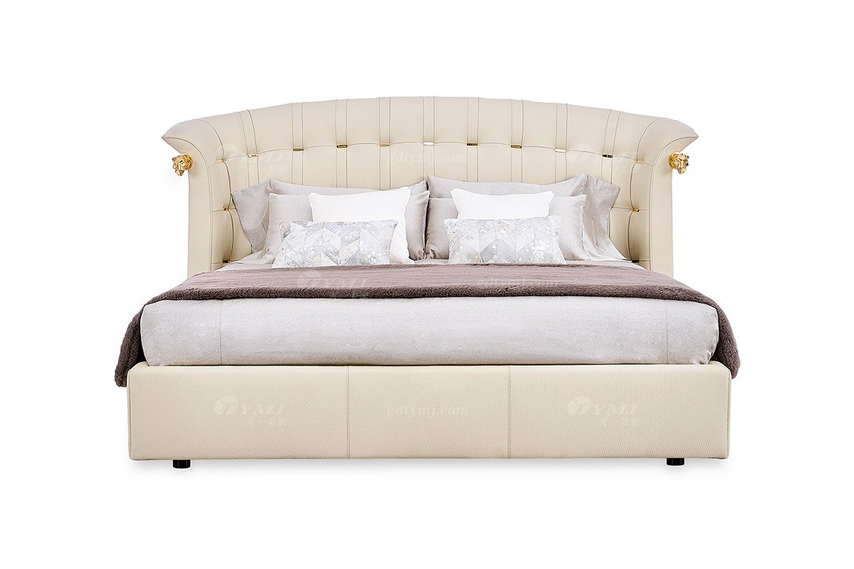 意式輕奢家具高端別墅會所豪宅家用時尚奢華米色真皮大床