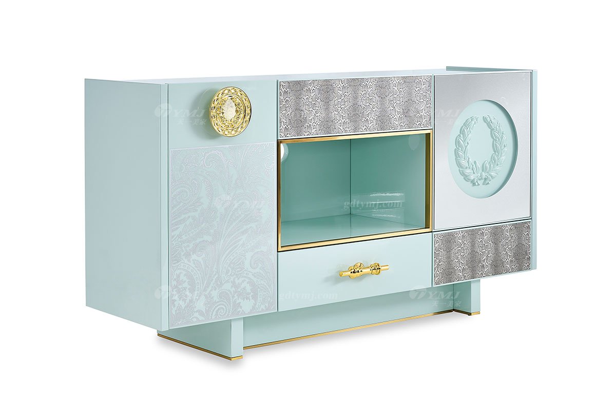 意式輕奢家具高端別墅會所豪宅家用時尚奢華不銹鋼金屬綠色餐邊柜105D7餐邊柜1