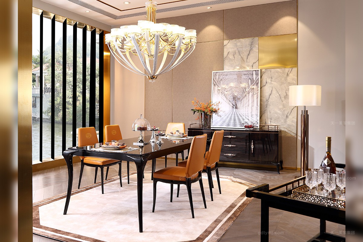 后現(xiàn)代輕奢家具實(shí)木餐桌愛(ài)馬仕橙真皮餐椅組合