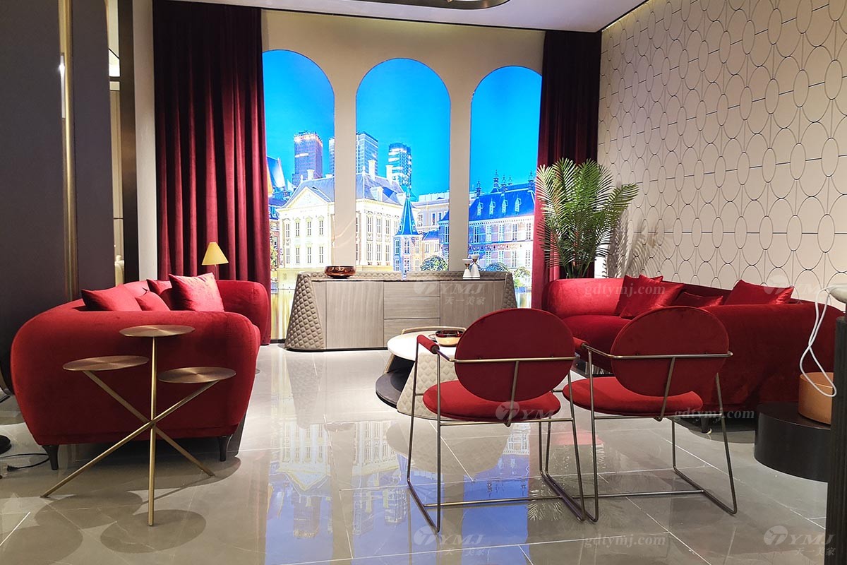 意式輕奢紅色布藝沙發